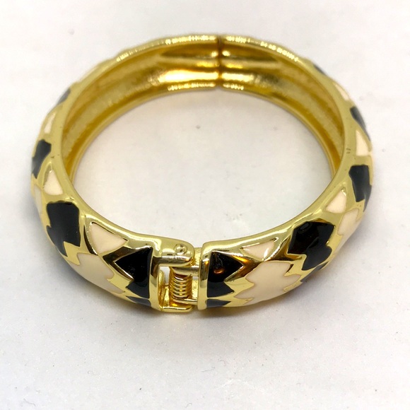 Gold With Black & White Enamel Inlay Bangle Bracelet, Snaps - Picture 2 of 2